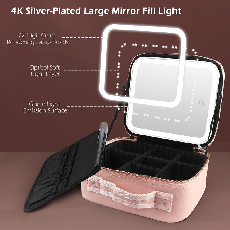 DARKNESS Travel Makeup Bag with LED Lighted Mirror 3 Color Setting Cosmetic Makeup Box Organizer Vanity Case for Women Beauty Tools Accessories Case Travel Makeup Bag with Led Lighted Pink - Image 5