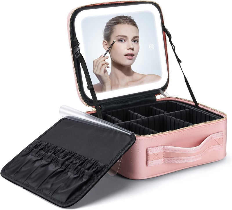 DARKNESS Travel Makeup Bag with LED Lighted Mirror 3 Color Setting Cosmetic Makeup Box Organizer Vanity Case for Women Beauty Tools Accessories Case Travel Makeup Bag with Led Lighted Pink - Image 1