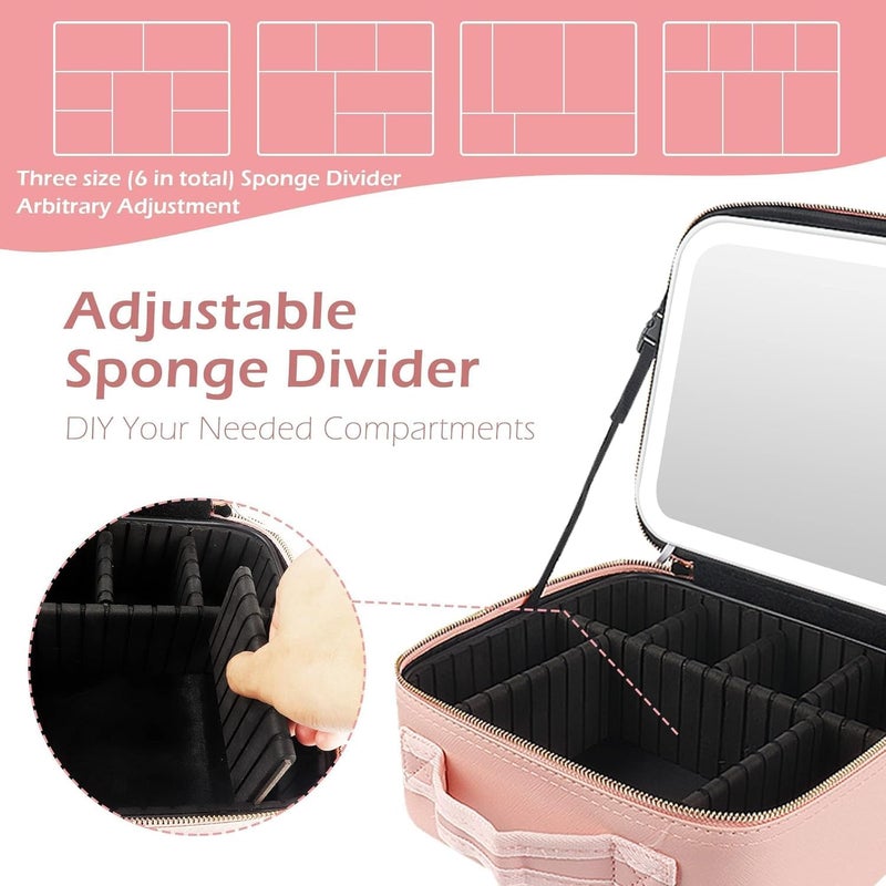 DARKNESS Travel Makeup Bag with LED Lighted Mirror 3 Color Setting Cosmetic Makeup Box Organizer Vanity Case for Women Beauty Tools Accessories Case Travel Makeup Bag with Led Lighted Pink - Image 3