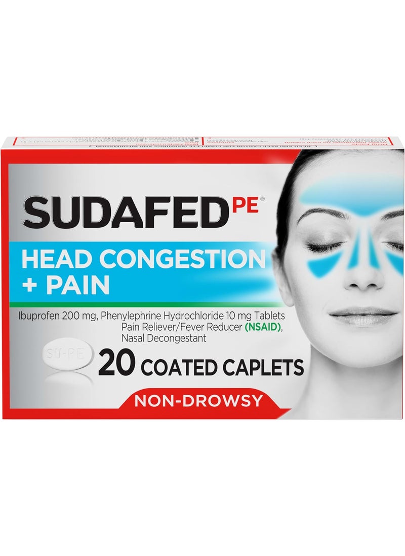 Sudafed Sudafed PE Non-Drowsy Head Congestion + Pain Relief Caplets with Ibuprofen 200 mg & Phenylephrine HCl 10 mg, Nasal Decongestant & NSAID Pain Reliever & Fever Reducer, 20 ct 
