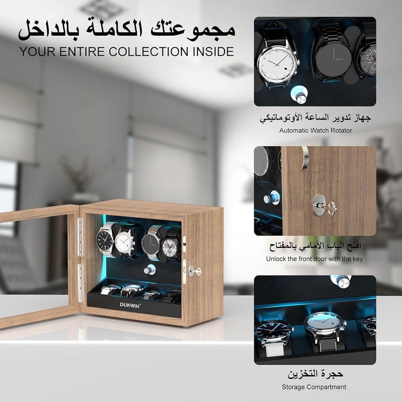 دوكوين آلة تشغيل الساعات DUKWIN للساعات الأوتوماتيكية من نوع 4/6/8/12، مزودة بقفل مفتاحي، تسعة مساحات إضافية لتخزين الساعات، إضاءة زرقاء من نوع Aurora، 4 أوضاع للدوران، محرك هادئ للغاية، ووسادة قابلة للتعديل لتثبيت الساعة، مناسبة لعشاق الساعات. - Image 2