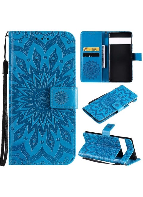 Case Cover For Google Pixel 6 Sun Embossing Pattern Horizontal Flip Leather Case with Card Slot & Holder & Wallet & Lanyard Blue