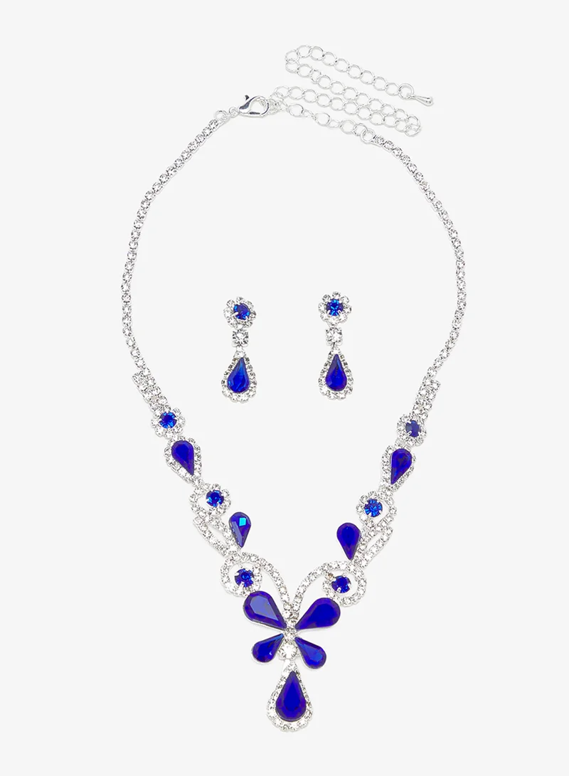 Khizana Silver Diamonte Jewelry Set With Earrings Necklace