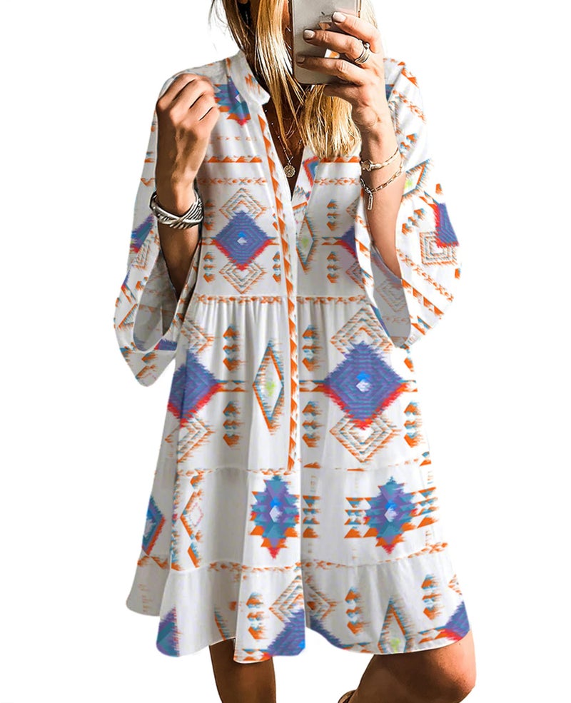 SELINK Womens Long Sleeve Dresses Casual V Neck Tribal Print Button Flowy Boho Mini Beach Dress White Blue Geometric-L