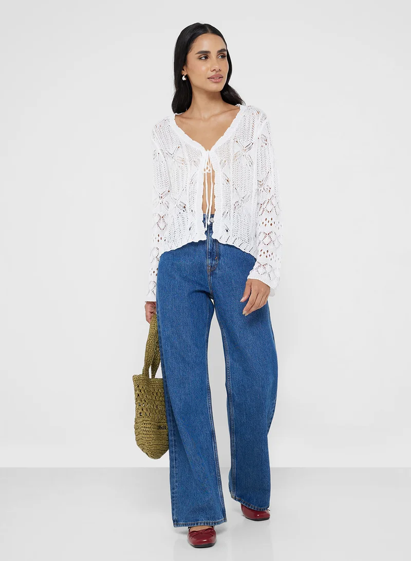 Ginger Knitted Openwork Bow Tie Detail Cardigan