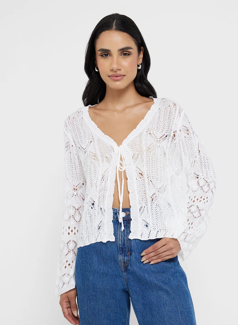 Ginger Knitted Openwork Bow Tie Detail Cardigan