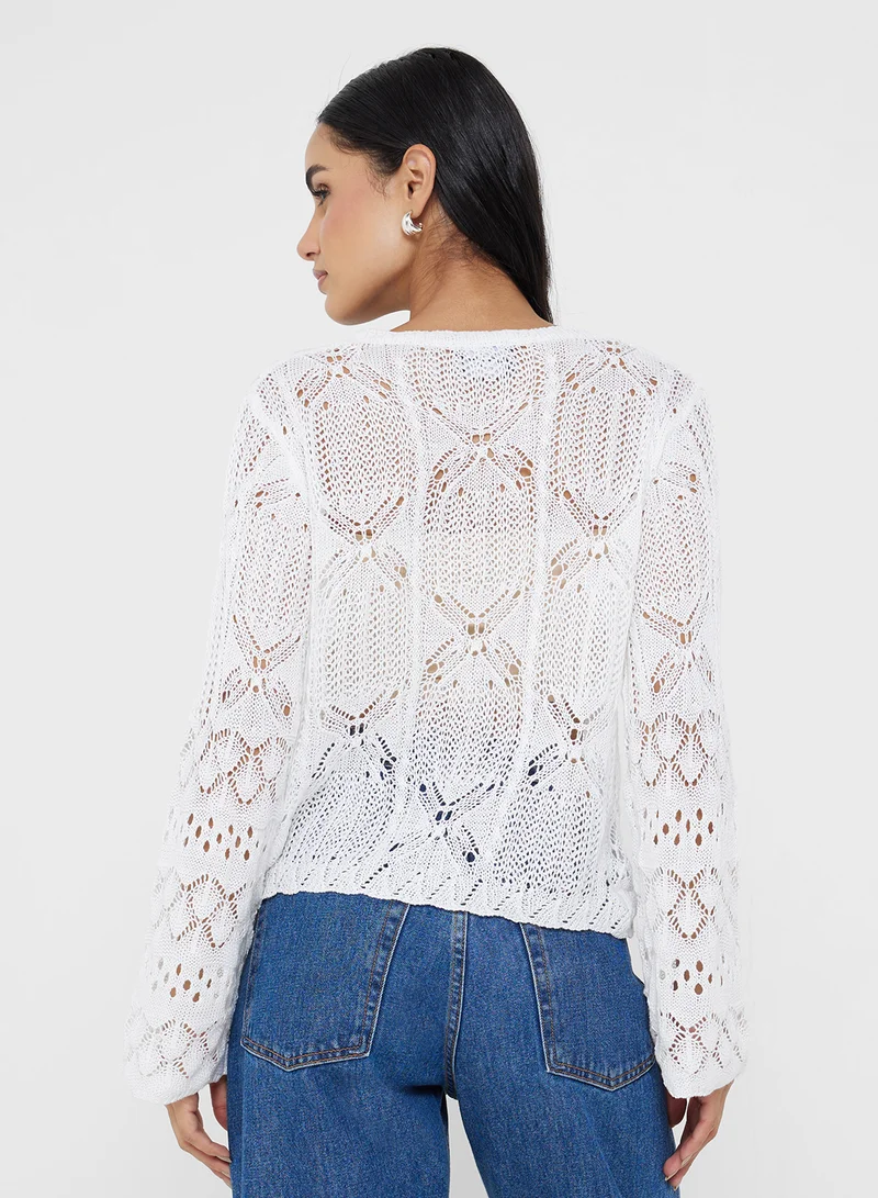 Ginger Knitted Openwork Bow Tie Detail Cardigan