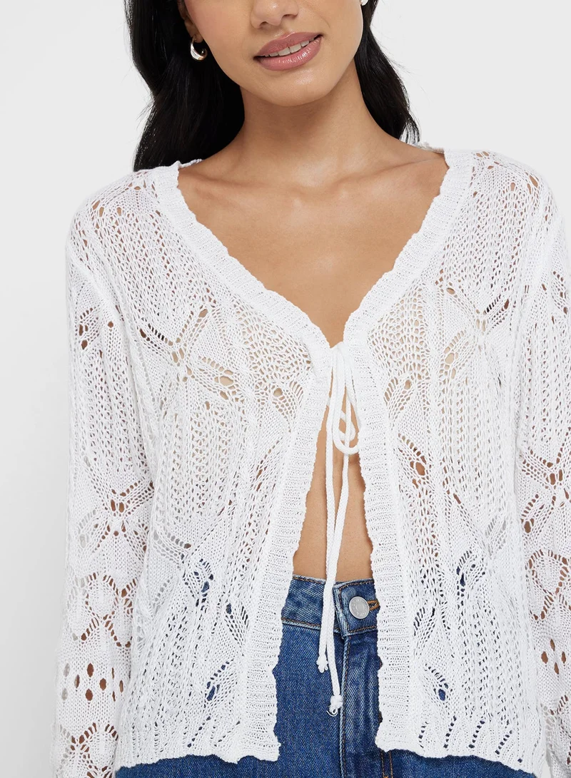 Ginger Knitted Openwork Bow Tie Detail Cardigan