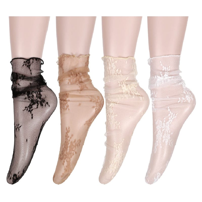 Benefeet Sox Womens Girls Lace Sheer Socks Ankle High See Through Mesh Slouch Socks Transparent Elegant Decorated Loose Sock Pretty Lady Tulle Stockings(4 Pair-Floral) - Image 1
