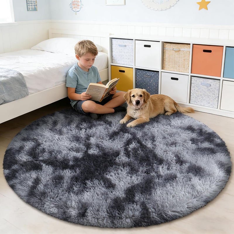 yulidayang Tie-Dyed Black Fluffy Round Rug,Soft Area Rugs for Girls Room,Shaggy Rugs 6'X6' for Living Room,Non Slip Circle Rug for Bedroom,Shag PlushPlush Carpet for Dorm,Cute Furry Room Decor - Image 4