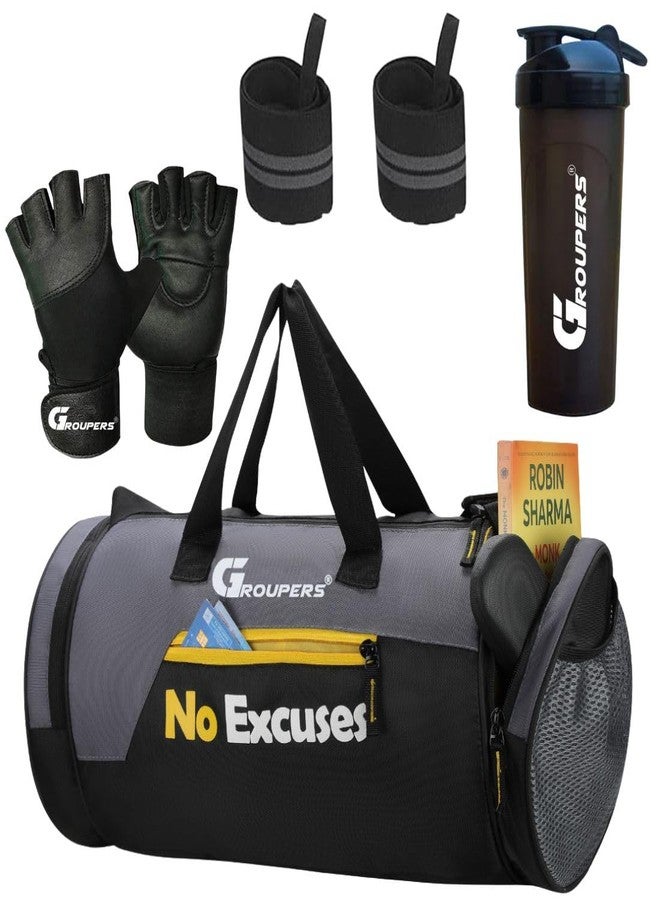 Groupers Sports Gym Bag 20-25L - Black Travel Duffel for Men & Women (43×25×23 cm) + 700ml Shaker, Breathable Workout Gloves & Heavy Duty 21" Wrist Wraps | Fitness Combo - Image 1