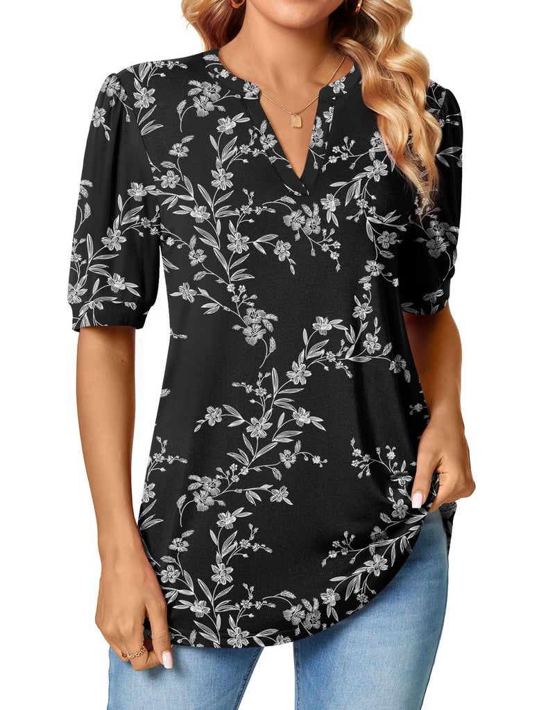 Anyally Womens Casual Notch V-Neck T-Shirts Summer Puff Short Sleeve Tops Cute Work Blouses,L Carved White + Black - Image 3