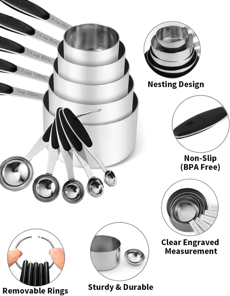 JOYHILL Stainless Steel Measuring Cups and Spoons Set of 10 Piece, Nesting Metal Measuring Cups Set with Soft Touch Silicone Handles for Dry and Liquid Ingredients, Cooking & Baking (Black) - Image 3
