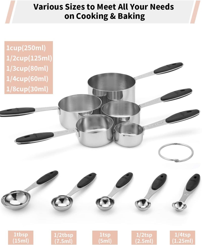JOYHILL Stainless Steel Measuring Cups and Spoons Set of 10 Piece, Nesting Metal Measuring Cups Set with Soft Touch Silicone Handles for Dry and Liquid Ingredients, Cooking & Baking (Black) - Image 2