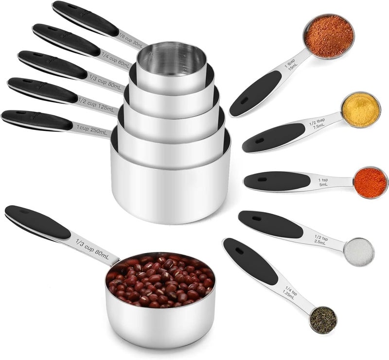 JOYHILL Stainless Steel Measuring Cups and Spoons Set of 10 Piece, Nesting Metal Measuring Cups Set with Soft Touch Silicone Handles for Dry and Liquid Ingredients, Cooking & Baking (Black) - Image 1