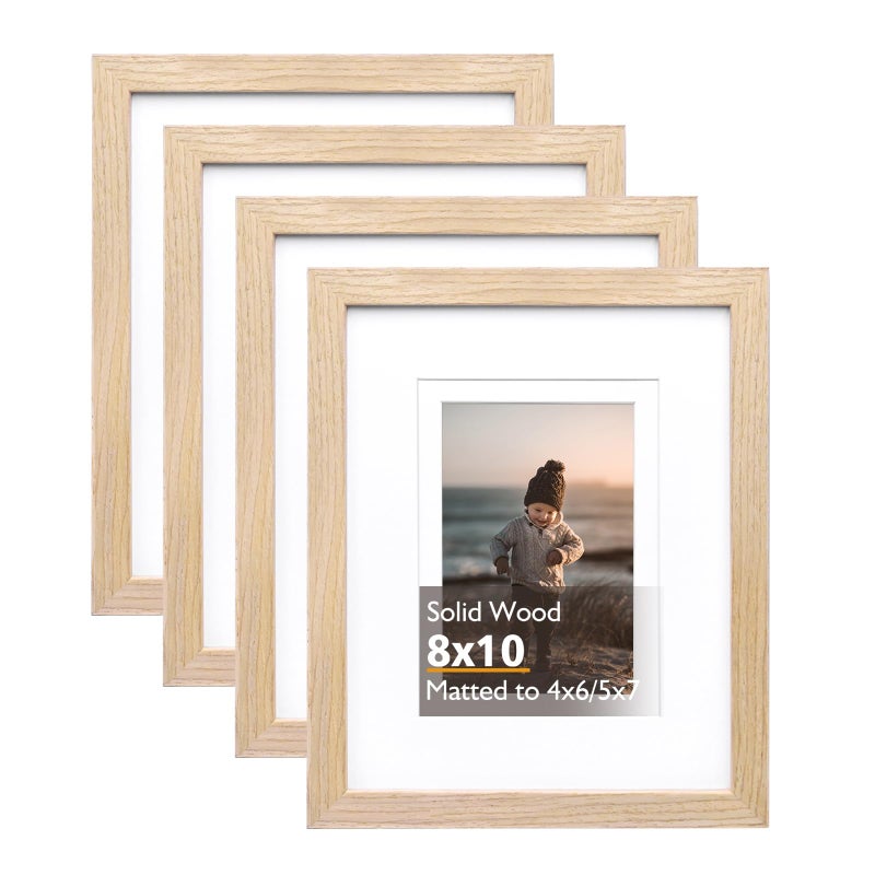 KINLINK 8x10 Picture Frame Natural Solid Wood Frames with Acrylic Plexiglass for Pictures 4x65x7 with Mat or 8x10 without Mat Tabletop and Wall Display Photo Frame Set of 4
