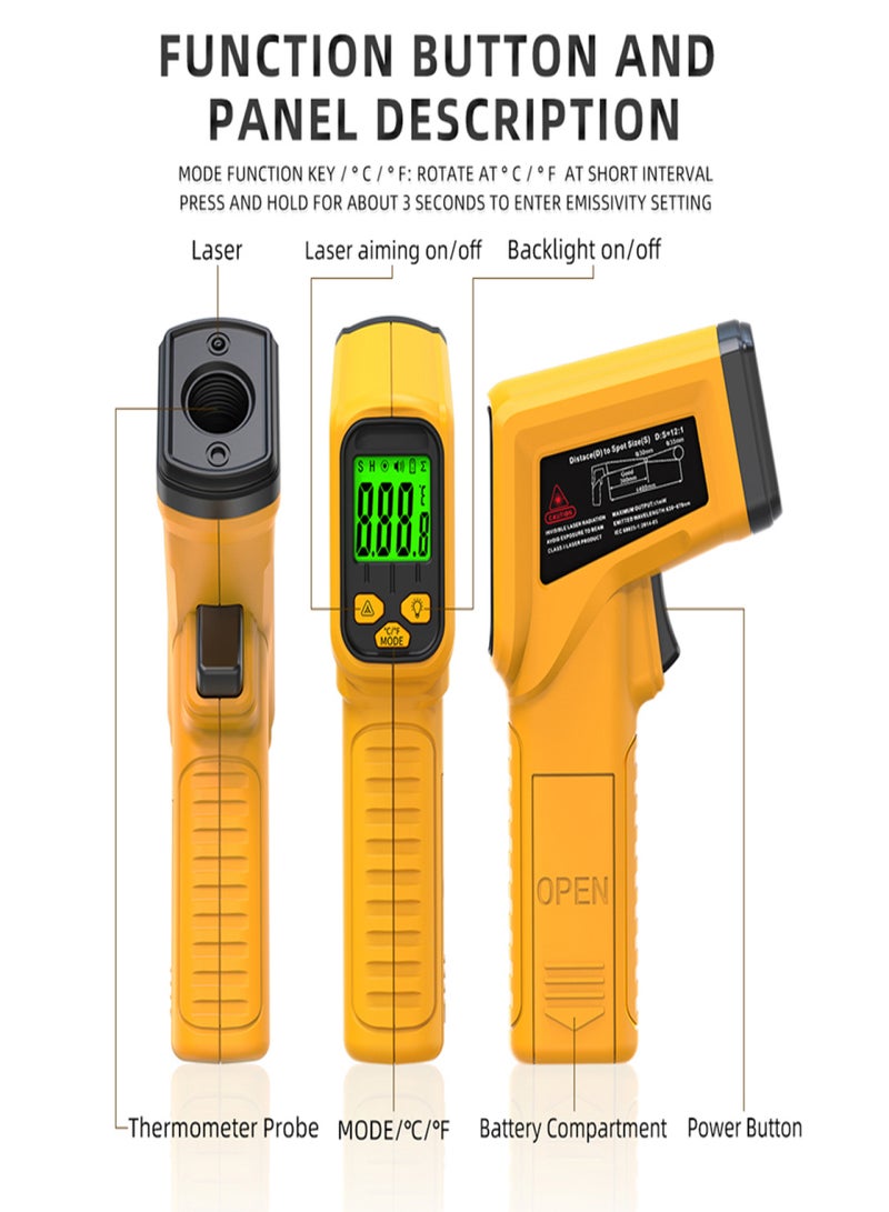 BSIDE -50~530℃ Handheld Infrared Thermometer 12:1 Target Positioning Contactless Digital Temperature Meter with LCD Screen Adjustable Emissivity Pyrometer for Industrial Kitchen Cooking Automotive - Image 5
