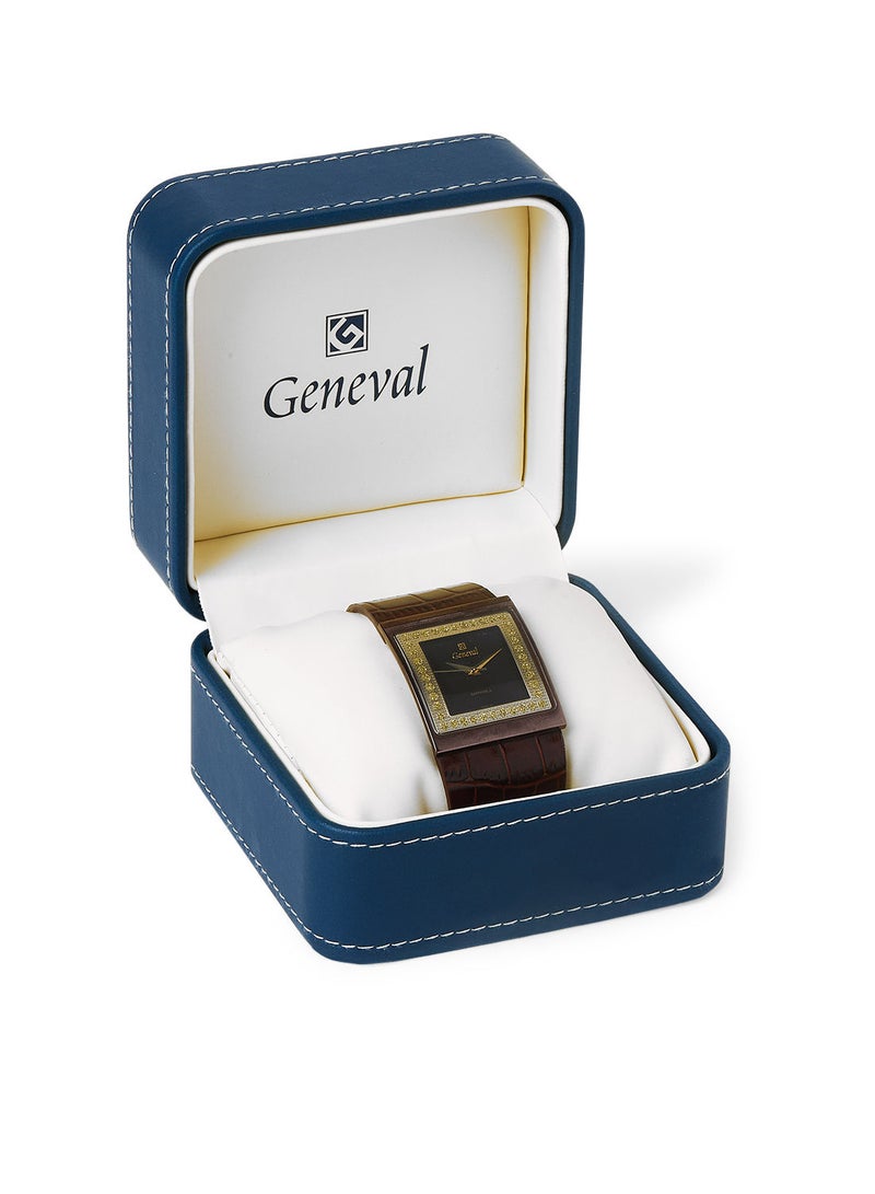 GENEVAL ساعة يد تناظرية بحزام جلد GLS044GOO - 34 مم - بني - Image 5