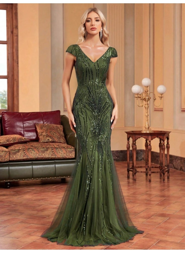 Loquat Olive green V-Neck Short Sleeve Long Sequined Embroidered Evening Dress Party Gown 