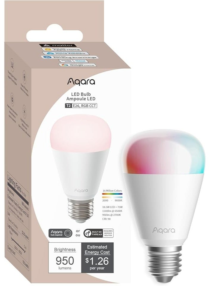 أكارا مصباح Aqara Thread/Zigbee الذكي بتقنية LED، قاعدة T2 E26، إضاءة بيضاء قابلة للتعديل (2000-9000 كلفن)، مصباح RGB متغير الألوان مع 16 مليون لون، يعادل 75 واط، مقاوم للحرارة، متوافق مع HomeKit وGoogle وغيرها - Image 1