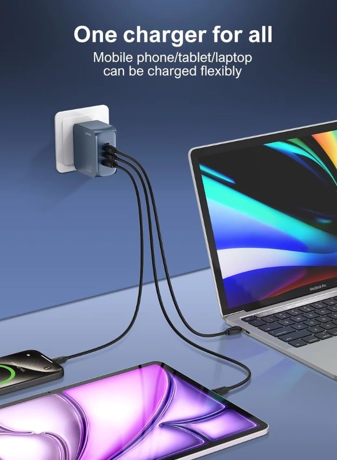 LDNIO 65W PD Super Fast Charger Adapter | 4-in-1 GaN Fast Charging Adapter with Dual USB-C, USB-A & Lightning Ports | Supports PD/PPS/QC 3.0 Quick Charge for Laptop, iPhone, iPad, MacBook & Android Devices | Smart Chip, Fireproof PC Shell, Multi-Protection Travel Charger with UK Plug - Image 2