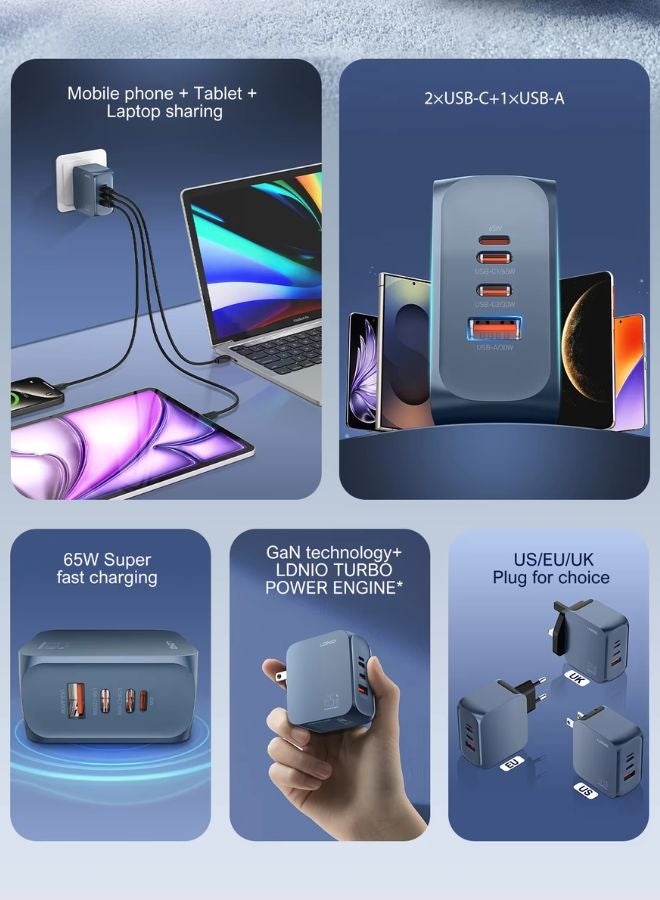 LDNIO 65W PD Super Fast Charger Adapter | 4-in-1 GaN Fast Charging Adapter with Dual USB-C, USB-A & Lightning Ports | Supports PD/PPS/QC 3.0 Quick Charge for Laptop, iPhone, iPad, MacBook & Android Devices | Smart Chip, Fireproof PC Shell, Multi-Protection Travel Charger with UK Plug - Image 3