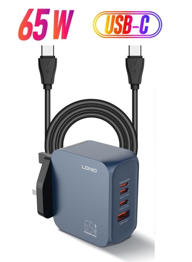 LDNIO 65W PD Super Fast Charger Adapter | 4-in-1 GaN Fast Charging Adapter with Dual USB-C, USB-A & Lightning Ports | Supports PD/PPS/QC 3.0 Quick Charge for Laptop, iPhone, iPad, MacBook & Android Devices | Smart Chip, Fireproof PC Shell, Multi-Protection Travel Charger with UK Plug - Image 1