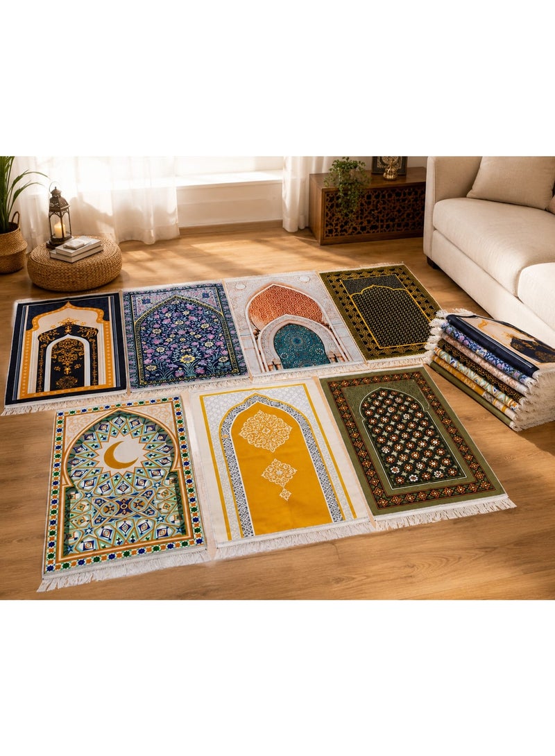 This lightweight and elegant prayer mat is designed to accompany you on your travels and daily commute. It features a soft, lightweight material with a variety of Islamic prints and attractive colors to suit all tastes. It's an ideal choice for personal use or as a special gift for Hajj, Umrah, Ramadan, and other Islamic occasions. The mat is designed to be easy to fold and carry, making it suitable for travelers, pilgrims, students, and working professionals who need a practical and lightweight prayer mat anywhere. Set of 8. - Image 1