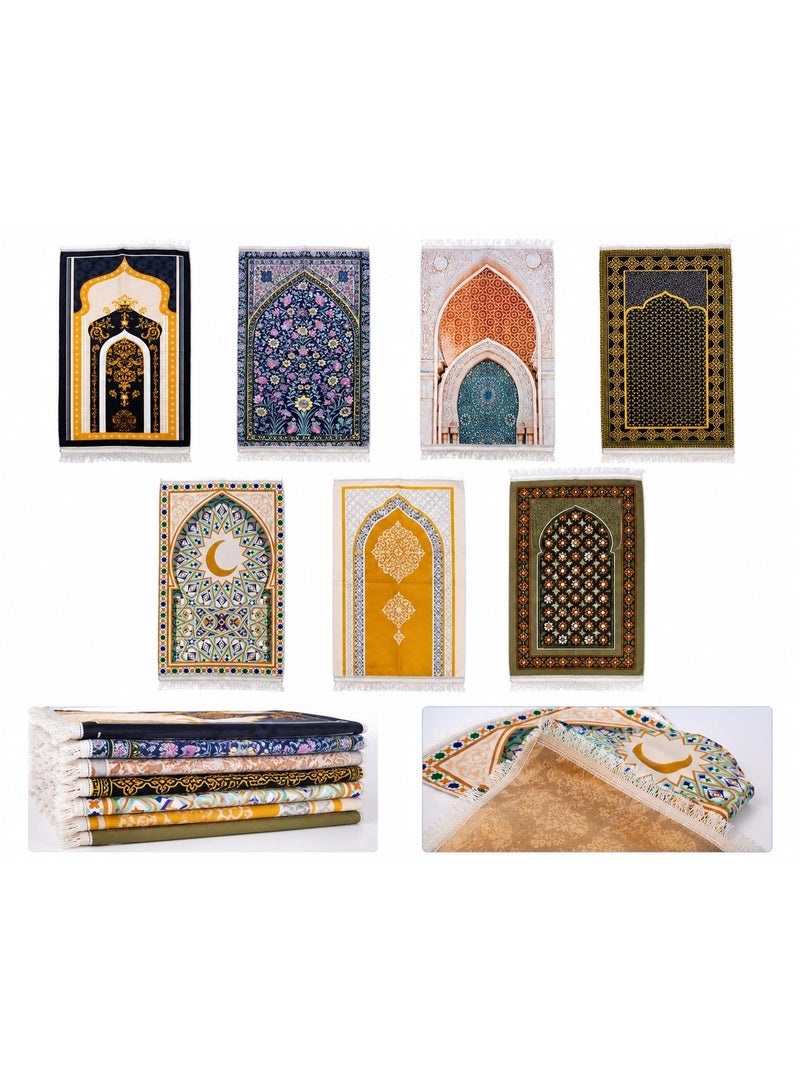 This lightweight and elegant prayer mat is designed to accompany you on your travels and daily commute. It features a soft, lightweight material with a variety of Islamic prints and attractive colors to suit all tastes. It's an ideal choice for personal use or as a special gift for Hajj, Umrah, Ramadan, and other Islamic occasions. The mat is designed to be easy to fold and carry, making it suitable for travelers, pilgrims, students, and working professionals who need a practical and lightweight prayer mat anywhere. Set of 8. - Image 4