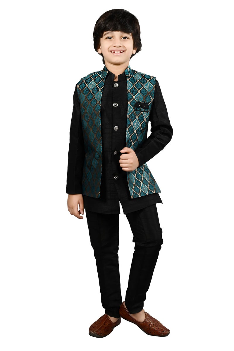 AHHAAAA Kids Ethnic Silk Blend Waistcoat Kurta Pyjama 3 Piece Sherwani Set For Boys |Sky 6-7 Years, 539| - Image 1