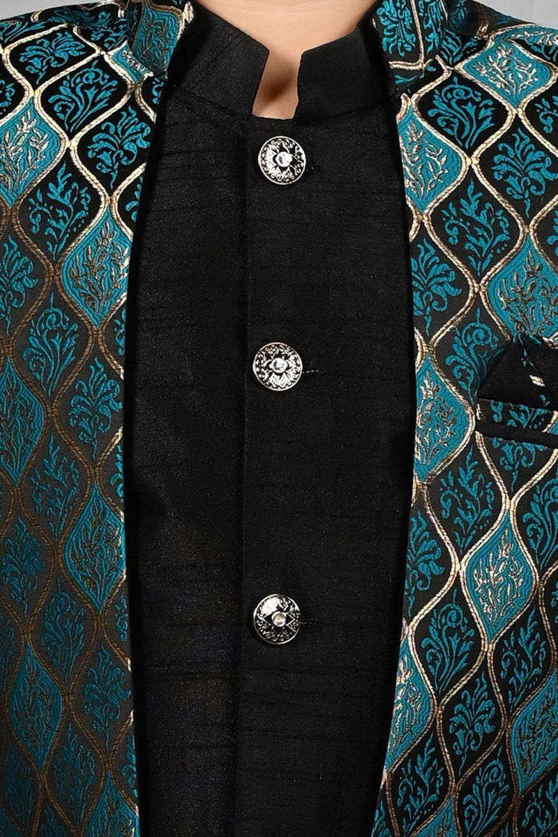 AHHAAAA Kids Ethnic Silk Blend Waistcoat Kurta Pyjama 3 Piece Sherwani Set For Boys |Sky 6-7 Years, 539| - Image 5