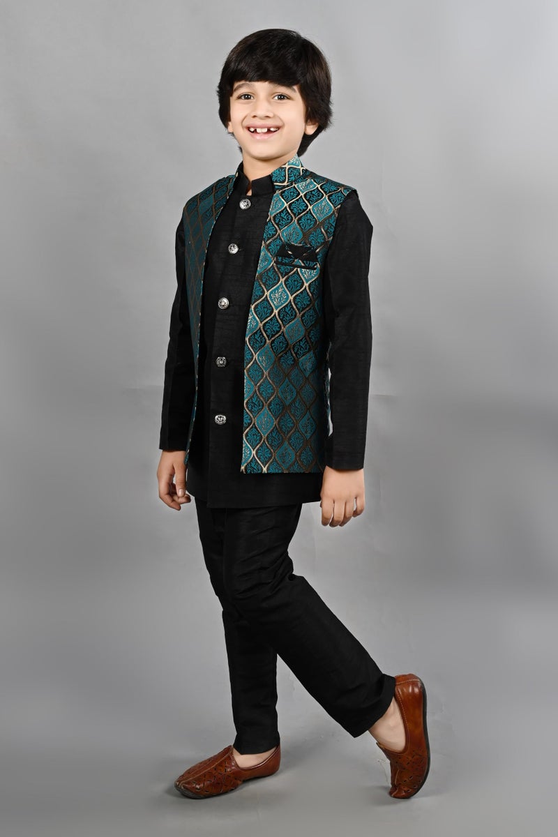 AHHAAAA Kids Ethnic Silk Blend Waistcoat Kurta Pyjama 3 Piece Sherwani Set For Boys |Sky 6-7 Years, 539| - Image 4