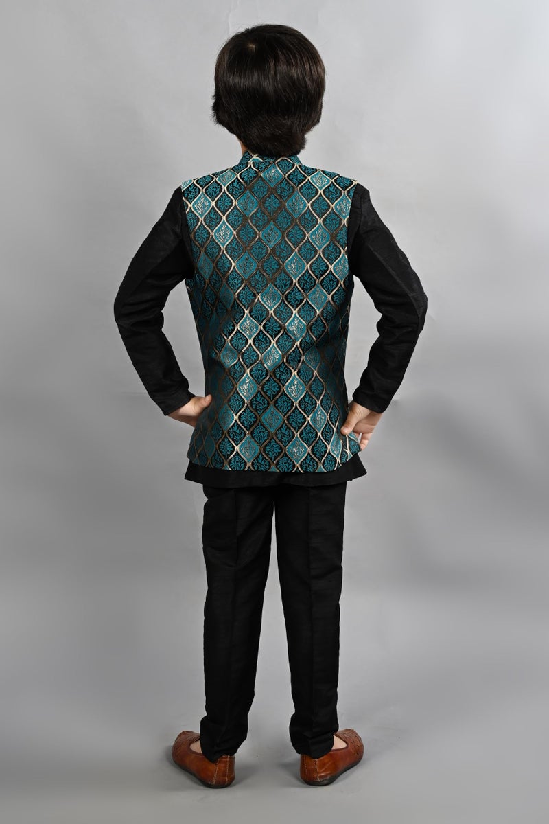 AHHAAAA Kids Ethnic Silk Blend Waistcoat Kurta Pyjama 3 Piece Sherwani Set For Boys |Sky 6-7 Years, 539| - Image 3