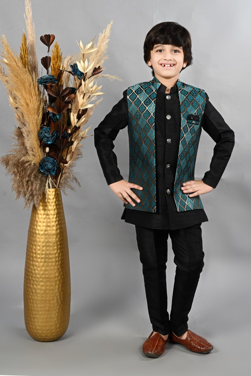 AHHAAAA Kids Ethnic Silk Blend Waistcoat Kurta Pyjama 3 Piece Sherwani Set For Boys |Sky 6-7 Years, 539| - Image 2