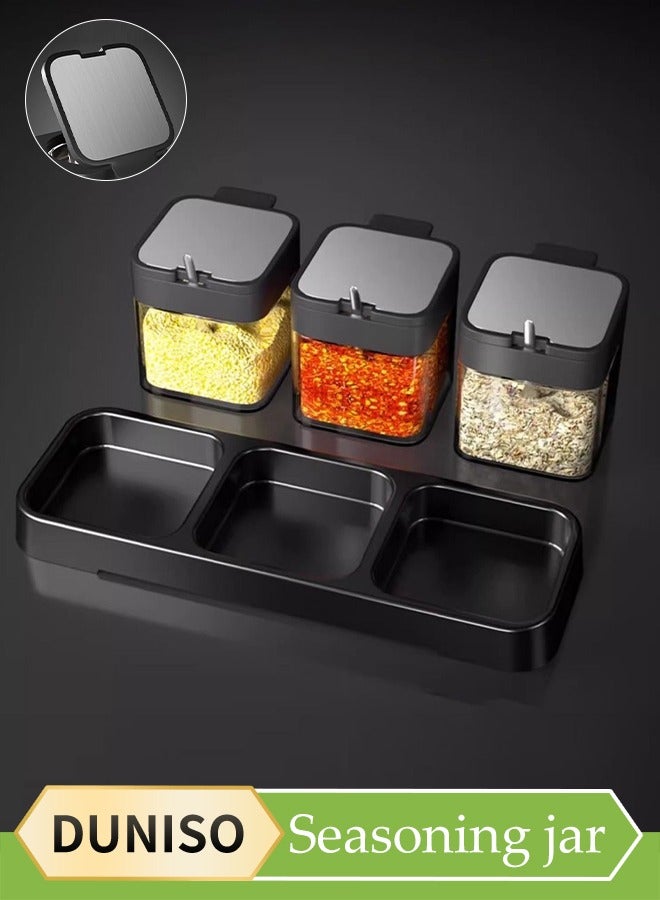 DUNISO 3 Pcs Seasoning Box, Household Spice Container, Kitchen Seasoning Bottle, Equipped Withspoon, Lid, Tray And Label, Handle Design, Dustproof And Moisture Proof, Easy To Clean, Suitable For Home And Kitchen - Image 1