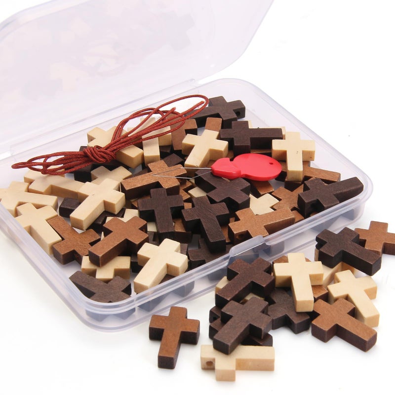 Gtudkae 1 Box 50 PCS Small Wooden Cross 3 Colors, Natural Pocket Prayer Crosses Pendants for Christian Gift, DIY Handmade Decorative Crosses Charms for Crafts, Easter Eggs Fillers (50) - Image 2