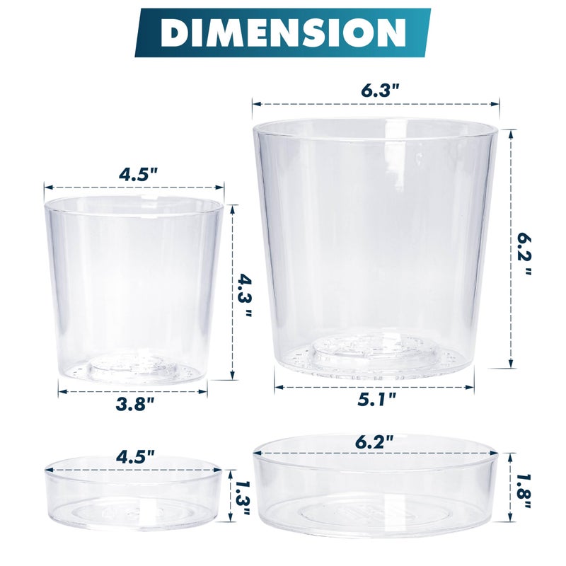 Phoenix Vine 3.5 Inch 4.5 Inch Clear Acrylic Houseplants Planter Pot with Tray, Orchid Pot with Drainage Holes, Deep Saucer for Bottom Watering, Transparent Containers for Indoor Plants, Herbs, 91-B-V - Image 3