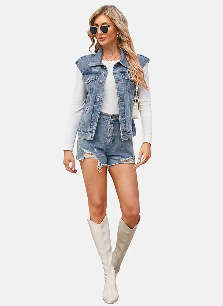 يونيكي Blue Plain Regular Fit Sleeveless Denim Jacket