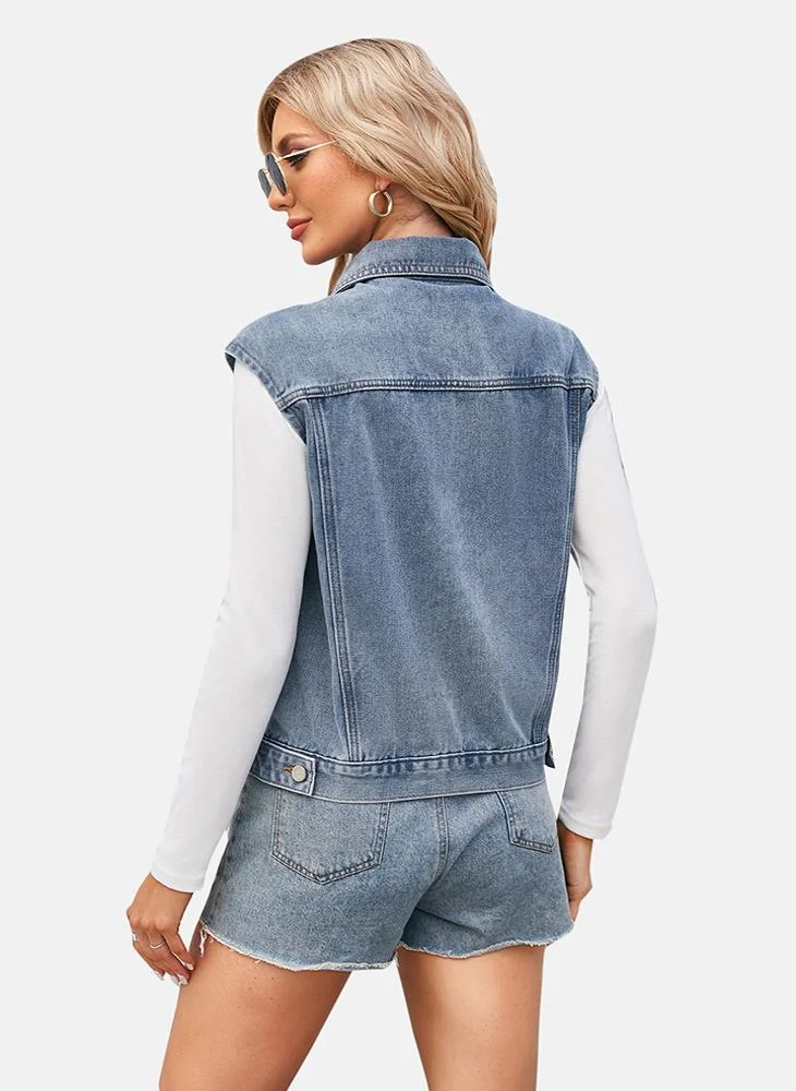 يونيكي Blue Plain Regular Fit Sleeveless Denim Jacket
