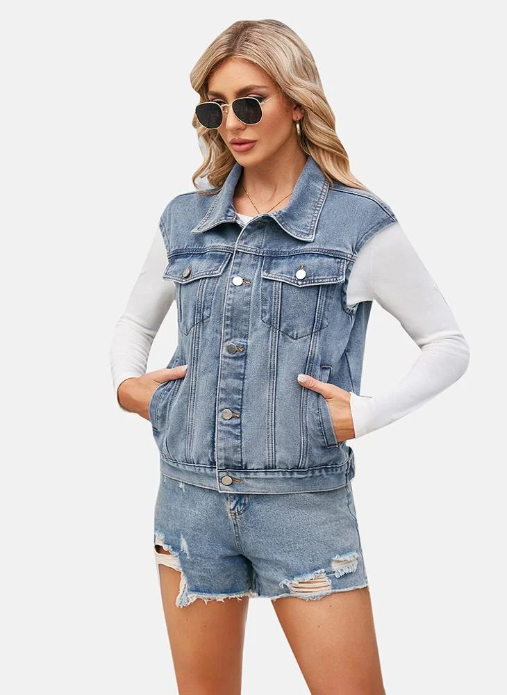 يونيكي Blue Plain Regular Fit Sleeveless Denim Jacket