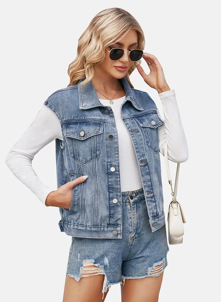 يونيكي Blue Plain Regular Fit Sleeveless Denim Jacket