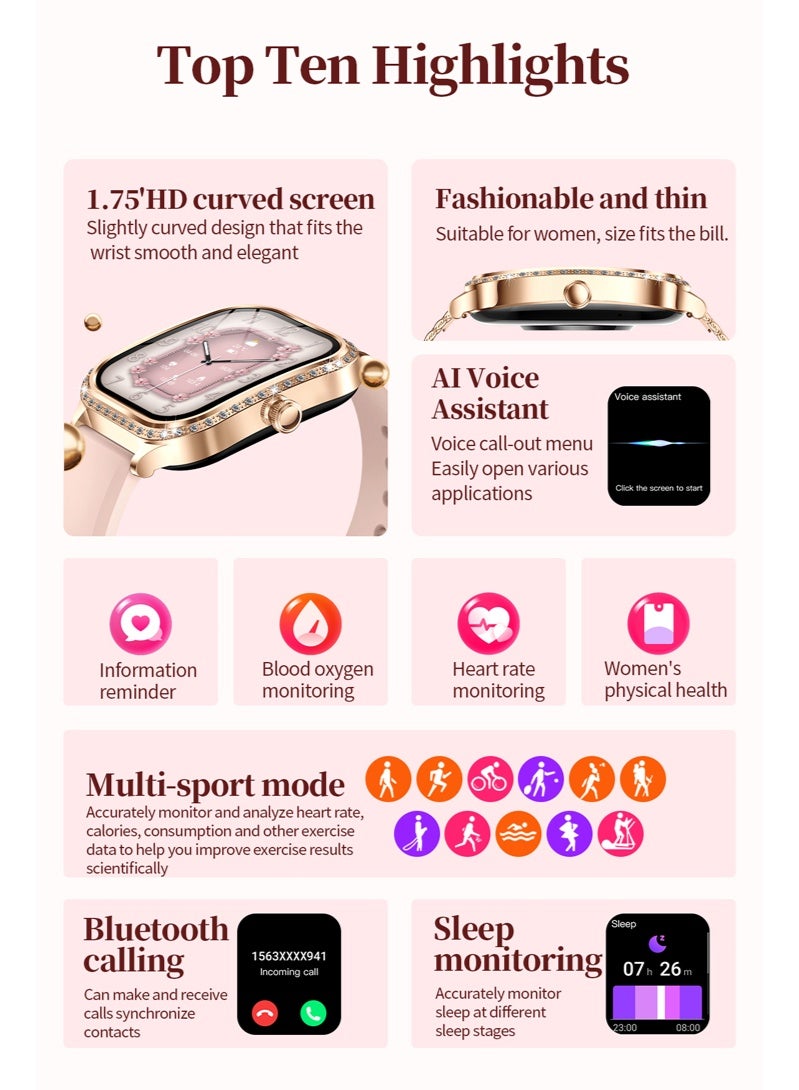 RollsTimi  MK88 Women's Fashion Smart Watch, Bluetooth Call, Sleep Monitoring, Multi-exercise Mode, Fitness Tracker, IP68 Waterproof, Diamond Smart Watch (Golden Steel) - Image 2