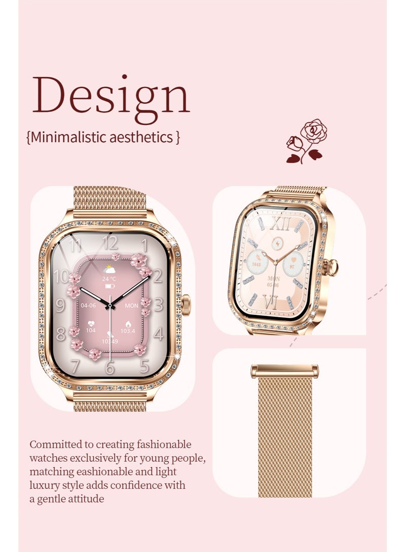 RollsTimi  MK88 Women's Fashion Smart Watch, Bluetooth Call, Sleep Monitoring, Multi-exercise Mode, Fitness Tracker, IP68 Waterproof, Diamond Smart Watch (Golden Steel) - Image 3