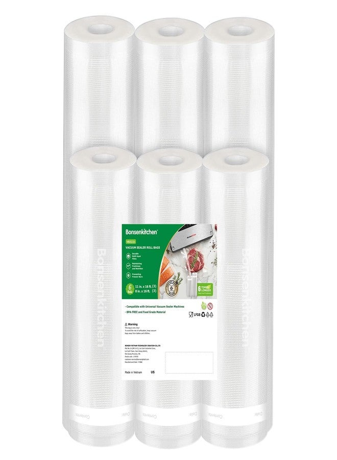 Bonsenkitchen Vacuum Sealer Rolls Bags, 6 Pack 3 Rolls 11" x 16' + 3 Rolls 8" x 16',Commercial Grade, Heavy Duty, BPA Free, Food Storage Bags - Image 1