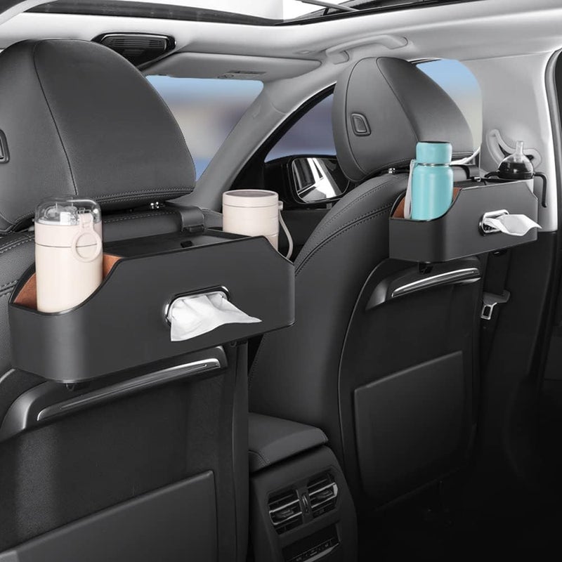 HAOTULE حقيبة تخزين متعددة الوظائف للمقعد الخلفي مع دعامة رأس، تصميم مقسم، تحتوي على حامل أكواب وصندوق مناديل، مناسبة للأطفال والبالغين، إكسسوارات سفر بالسيارة (لون أسود). - Image 2