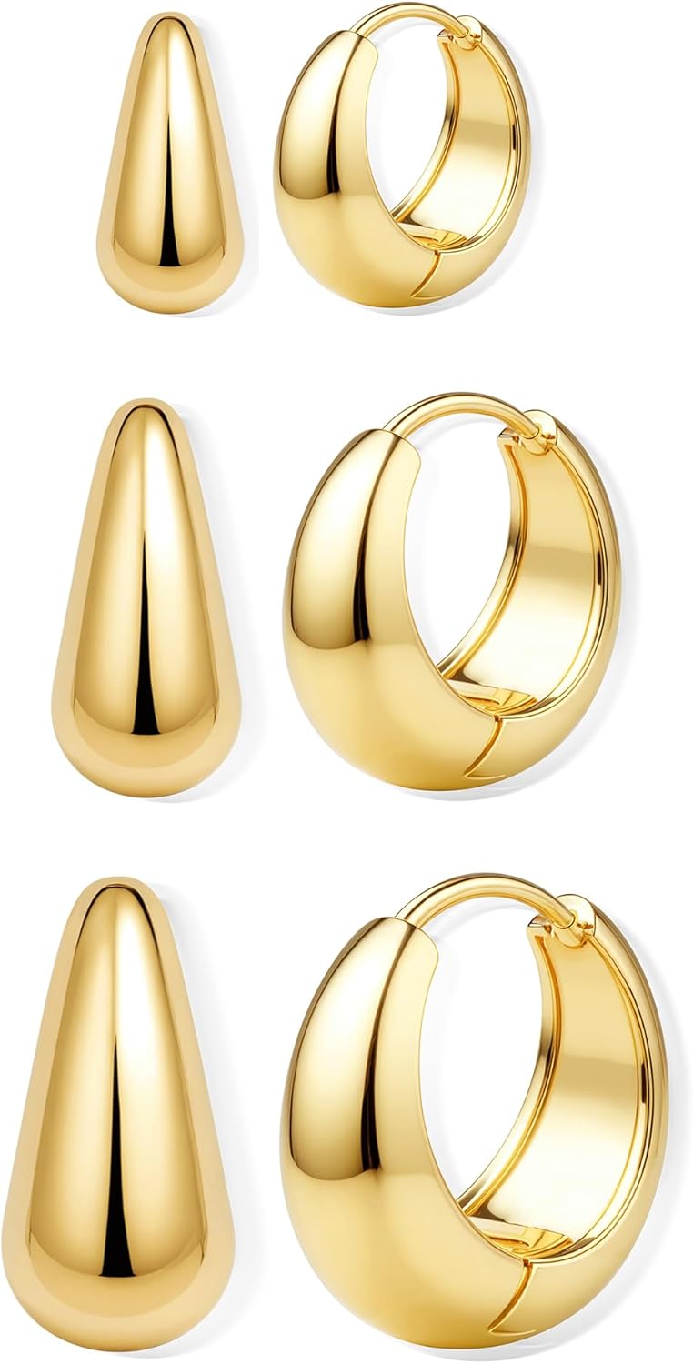 BESTEEL 3 Pairs 14K Gold Plated Hoop Earrings Set for Women - Chunky Huggie and Tiny Thick Hoops - Image 1