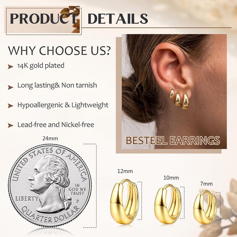 BESTEEL 3 Pairs 14K Gold Plated Hoop Earrings Set for Women - Chunky Huggie and Tiny Thick Hoops - Image 5