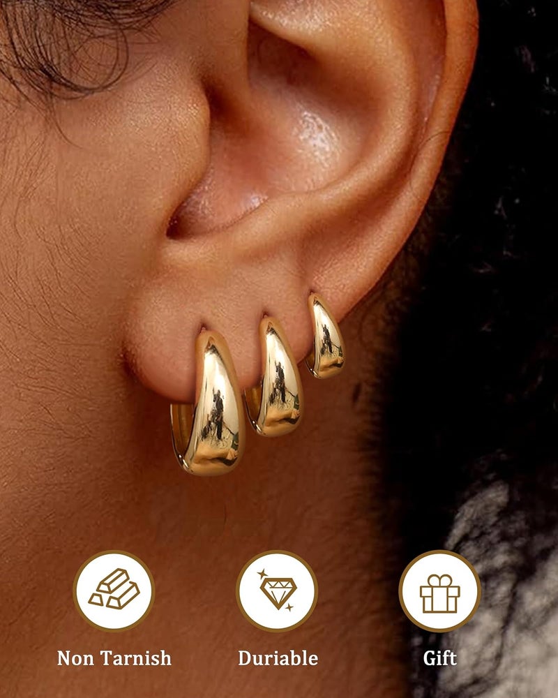 BESTEEL 3 Pairs 14K Gold Plated Hoop Earrings Set for Women - Chunky Huggie and Tiny Thick Hoops - Image 2