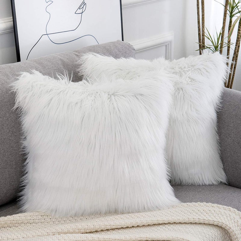 WLNUI Set of 2 White Decorative Fluffy Pillow Covers New Luxury Series Merino Style Faux Fur Throw Pillow Covers Square Fuzzy Cushion Case Spring Home Decor 18x18 Inch - Image 1