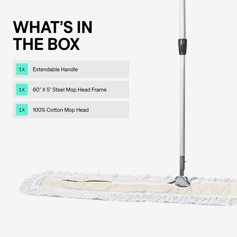 Tidy Tools Commercial Dust Mop – 60 Inch Floor Sweeper for Hardwood, Reusable Cotton Mop Head, Extendable Handle, Dry Mop for Floor Cleaning & Janitorial Supplies - Image 2